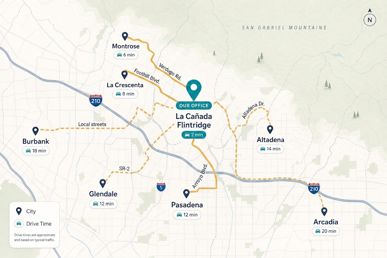 Map showing drive times to 4522 Rinetti Lane, La Cañada Flintridge, CA 91011