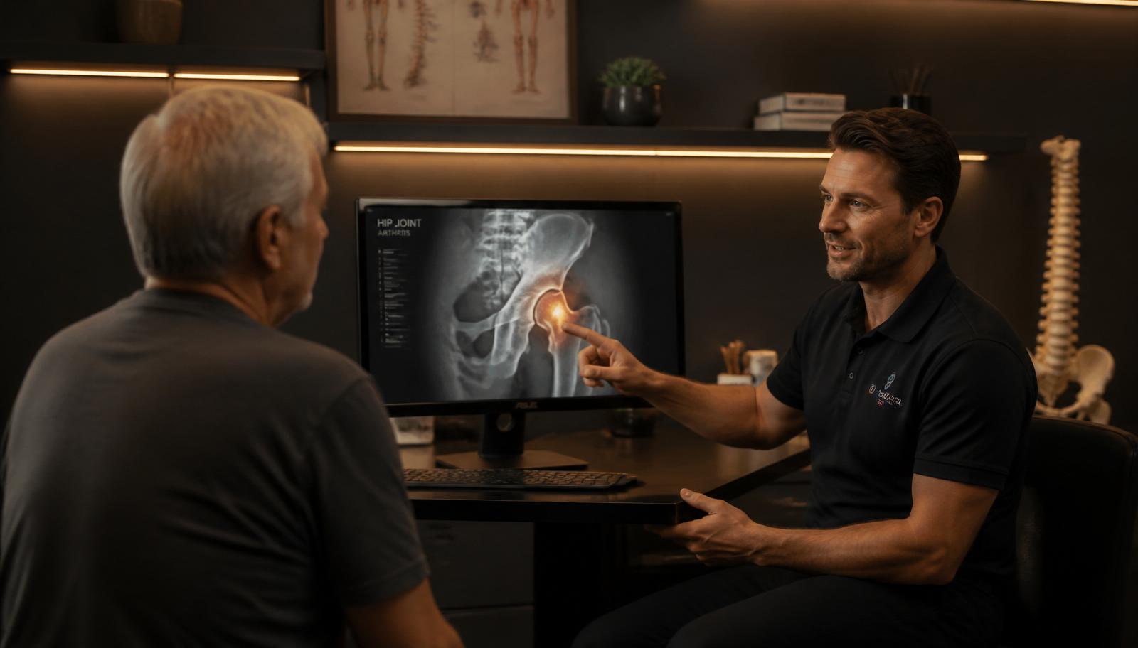 Doctor reviewing digital X-rays with an arthritis patient