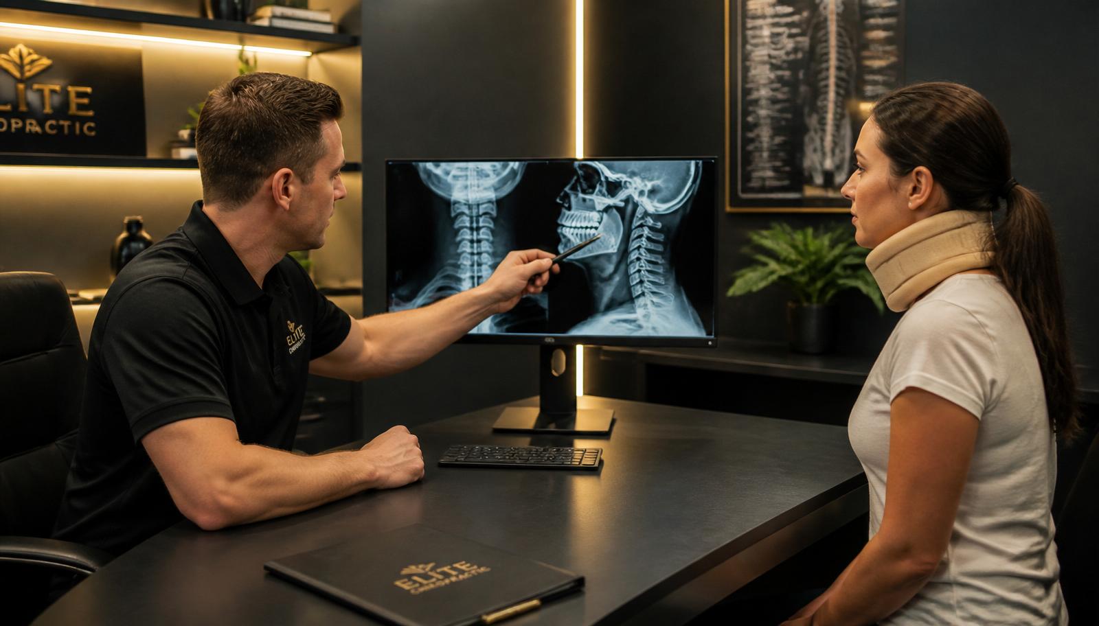 Doctor reviewing digital X-rays with a patient during the auto-injury evaluation