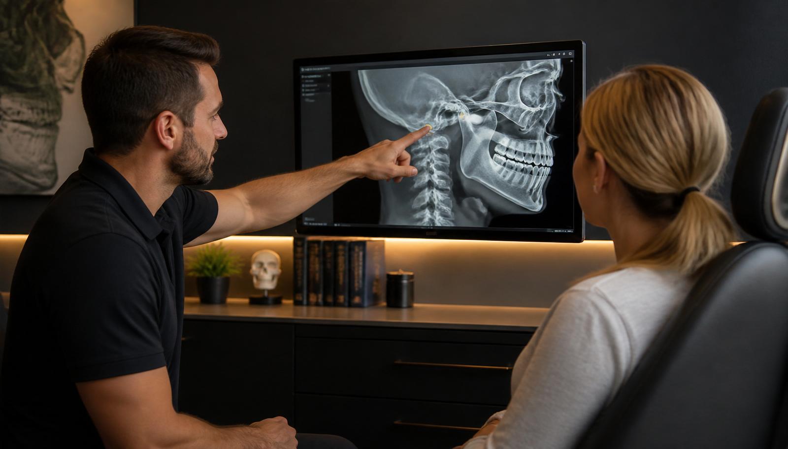Doctor reviewing digital X-rays with a patient during the first visit